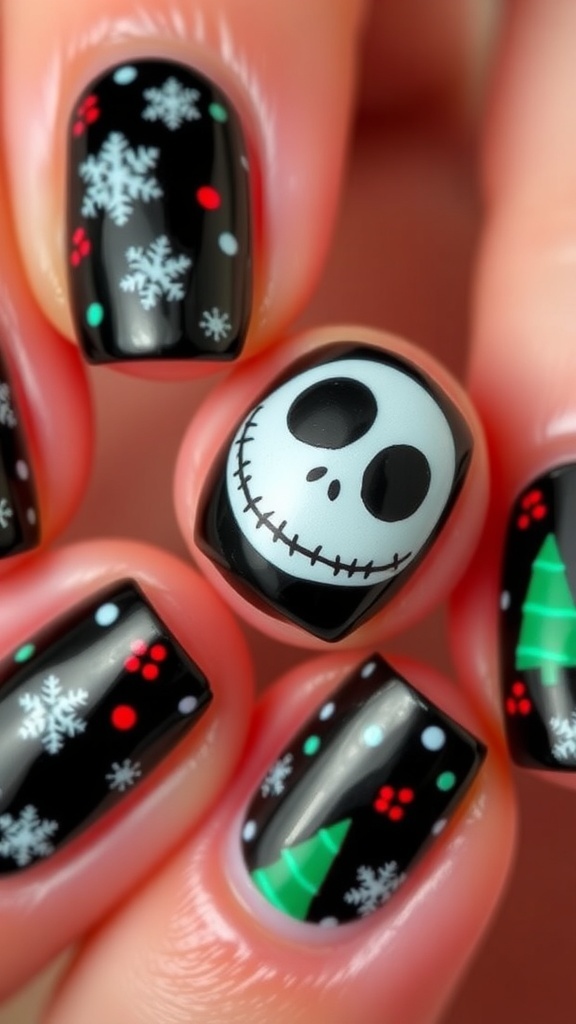 Jack Skellington Christmas Nail Art Jack Skellington themed Christmas nail art with black and white colors, featuring snowflakes and Christmas trees.